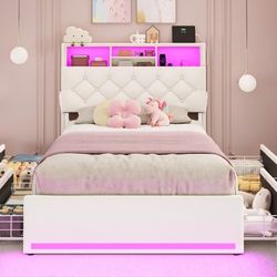 BTHFST Twin Bed Frames with Storage Headboard & 4 Drawers, LED Bed Frame Twin with Charging Station, Velvet Upholstered Bed with Metal Slats, No Box S
