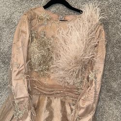 Luxury Champagne Feather Maxi Evening Dress With Embroidery 