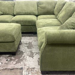 New 99x99 Sage corduroy sectional couch with ottoman / free delivery
