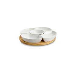 Elama Signature 12 1/4 Inch 6-Piece Lazy Susan Appetizer and Condiment Server Set with 5 Serving Dishes and a Bamboo Lazy Suzan Serving Tray