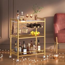 Joaxswe Bar Cart,3-Tier Home Bar Serving Cart with Lockable Wheels,Gold