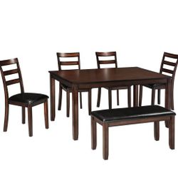 Coviar Brown Dining Table and Chairs with Bench (Set of 6)

