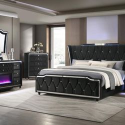 4PC Premium Bedroom set with fireplace dresser LED USB glass top Gray or Black colors