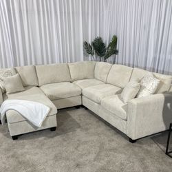  Corduroy Sectional Couch W/ Ottoman