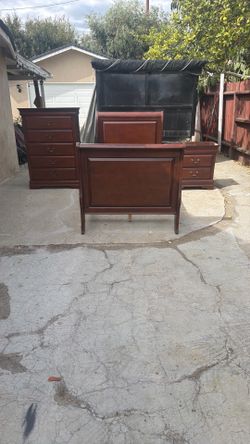 Twin size bed frame, one dresser, & one night stand