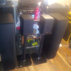 Klipsch Sp-1 Towers Speakers With Powered Subs In Each One And Klipsch R 14 M Bookshelf's Speakers With Glass Stands All Mint 400   Cash