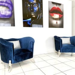 Juego De Sofas Azul Rey Y Metal Plateado