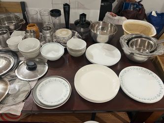 Assorted Kitchenware Set - Corelle Plates, Mixing Bowls, and Small Appliances