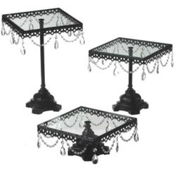 Set of 3 Jeweled Black Square Wedding Cake Stands Kitchen Counter Event Display Trays