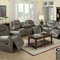 Brand New Gray Leather Nail Studded 3pc Reclining Set With Storage Compartments A Drop Down Table & Built In Cup Holders 