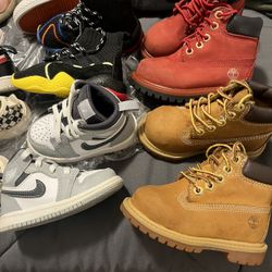 Kids Size 5c (USED,  SOME IN NEW CONDITION)!! Jordan’s, Black Converse, Tim’s Etc,$45 & $55….SOME!! 2 for $85, & 2 For $100.00