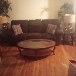 2 Recliner Couch and Loveseat with tables and lamps Plus55 In tv and stand. Will sell all for 450.00 Thumbnail