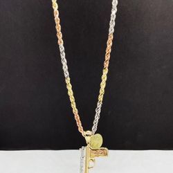 14k solid  three tone gold rope chain and GUN pendant , solid gold
