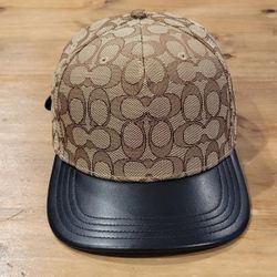 COACH Signature Jacquard Hat Khaki Black Leather Brim Cap Mens S XS Adjustable