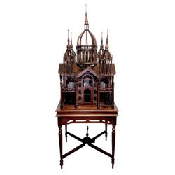 Monumental Vintage Gothic Style Architectural Bird Palace in Mahogany and Wire Design