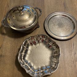 Silver Plate, Silver Bowl And Glass/silver Serving Dish With Silver Lid