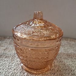 PINK DAISY BUTTON & CANE LIDDED GLASS JAR