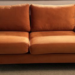 Modern 67” Orange Velvet One Arm Sofa With Gold Chrome Metal Legs