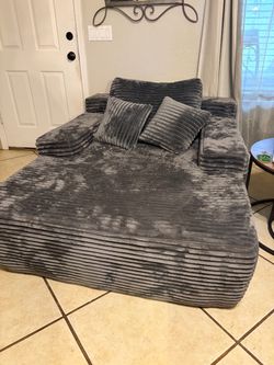 Gray Corduroy Oversized Chaise Lounge with Pillows