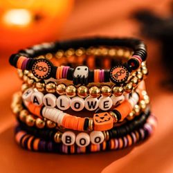 7 pcs set halloween themed polymer clay beaded stackable elastic bracelet set 