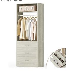 Freestanding 2FT Closet System with 3 Wood Drawers, 24" Closet Organizer System with Hanging Rod & Shelves, Walk-in Closet Systems for Small Closet, W