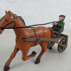 Cast Iron Vintage Sulky Horse & Jockey Harness Racing 8 1/4" Length


