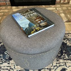 Round Grey Linen Ottoman / Storage 