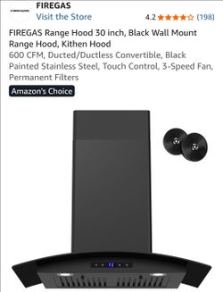 Range Hood 30 inch, Black Wall Mount Range Hood, Kithen Hood
600 CFM, Ducted/Ductless Convertible, Black Painted Stainless Steel, Touch Control, 3-Spe