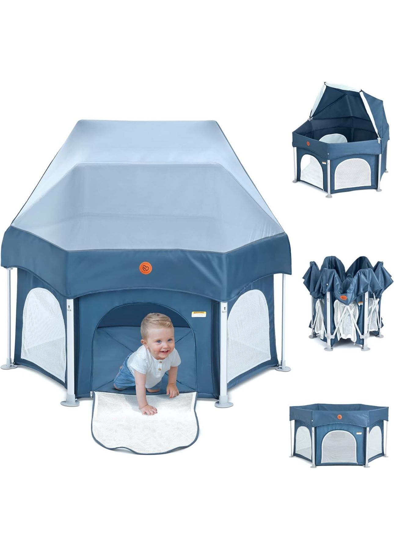 BabyBond 53" Portable Indoor and Outdoor Baby Playpen with Mat- Pop Up Tent Pack and Play Baby Playpen with Canopy for Babies and Toddlers Play Yards 