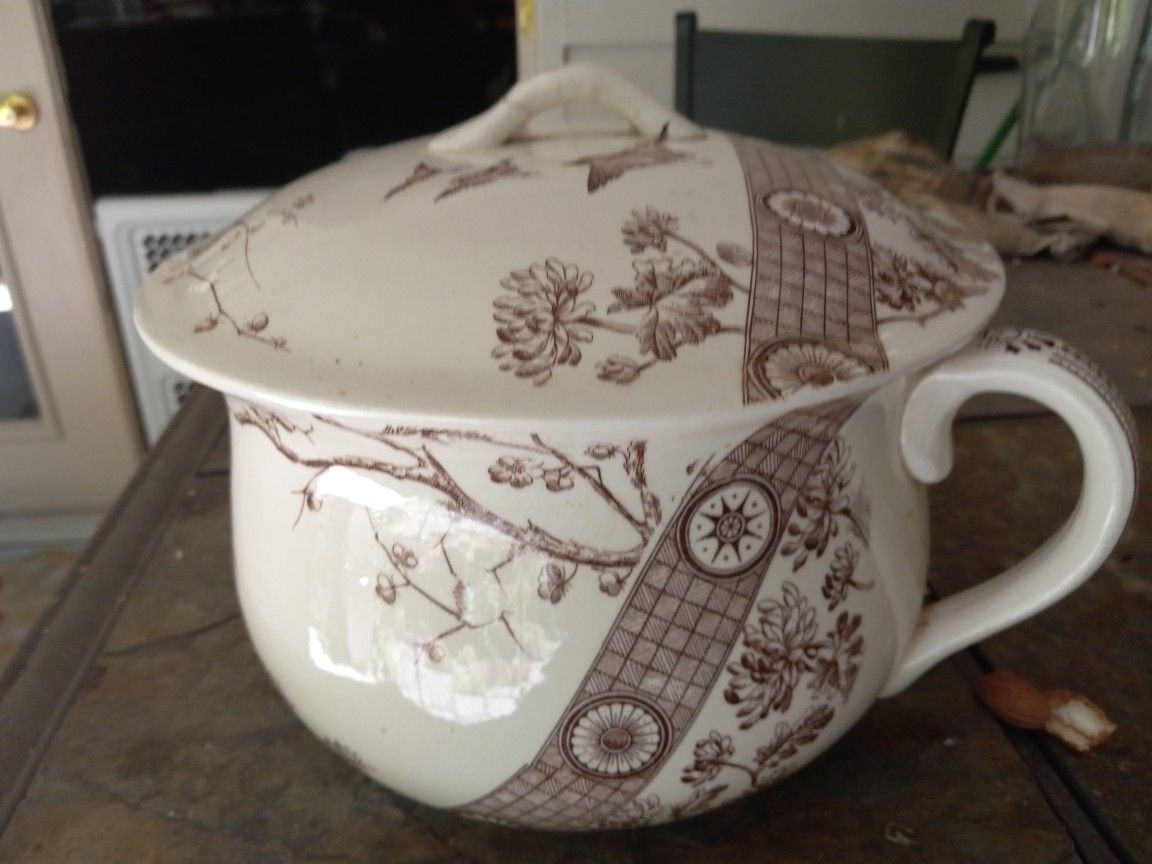 Brown Transfer Ware Thunder Mug, Lidded Ironstone Container, $40
