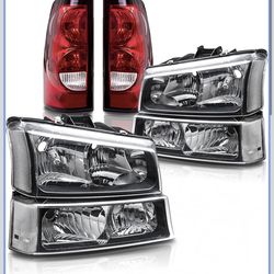 Headlight Assembly w/ Tail Lights Set compatible with 2003 2004 2005 2006 Chevy Silverado 1 3500,Black Housing Headlamp w/Red Taillights Rear 