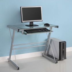 Row Small Glass Top Computer Deskwith Keyboard Tray in Silver