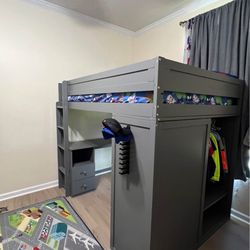 Gray Kids Loft Bed w/ Desk & Closet