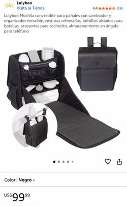 Convertible diaper backpack with changing table and removable organizer, insulated pockets for bottles.