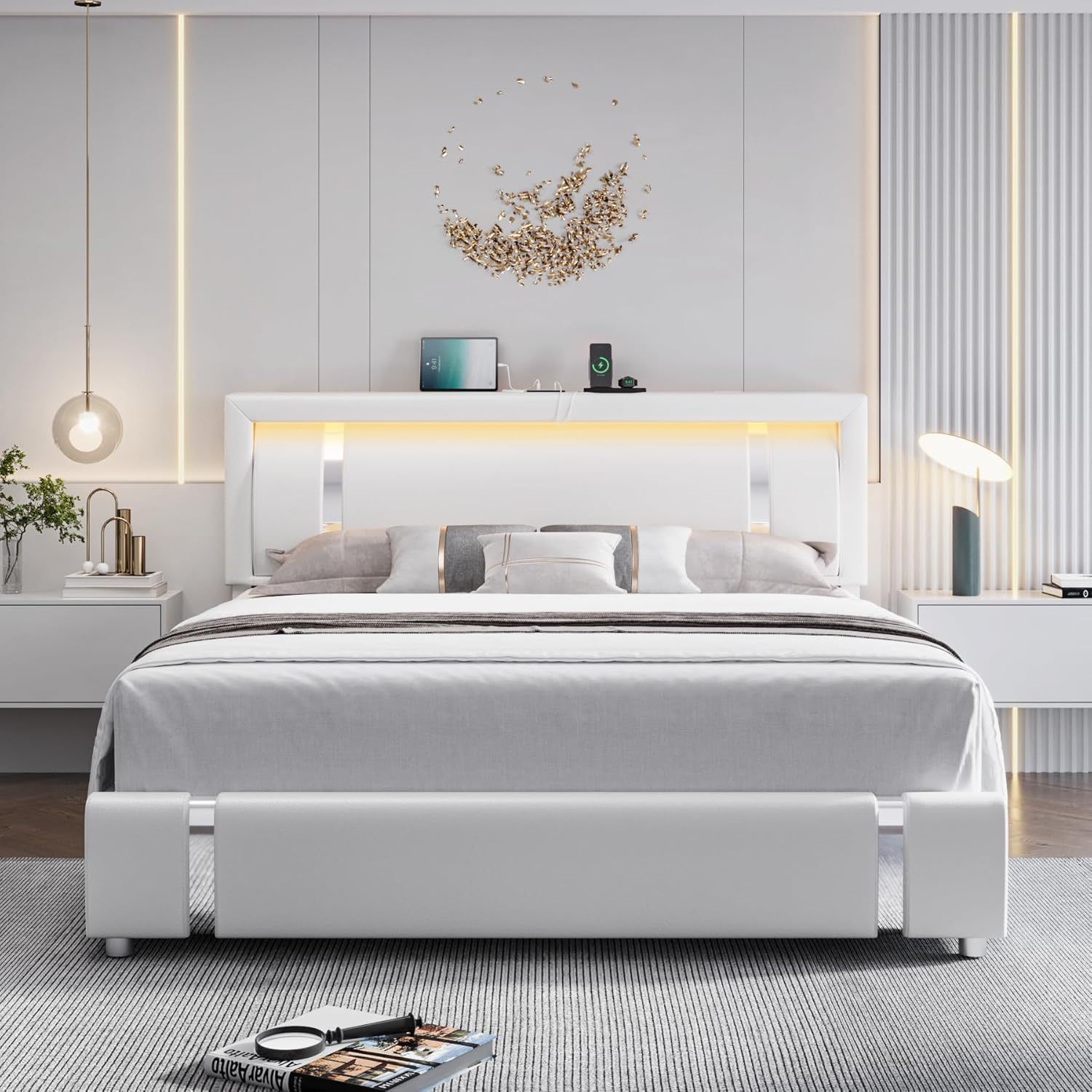 King Size Bed Frame with RGB LED Lights & 2 Storage Drawers, Modern Upholstered Platform Bed with Iron Metal Decor, USB Charging Ports, White