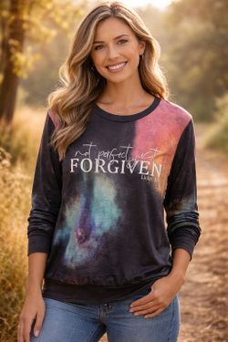 Women's Forgiven Christian Long Sleeve Crew Neck Top Black Print Shirt  Size M,L,XL