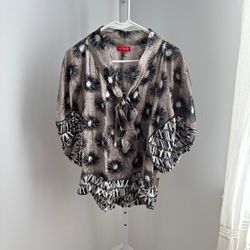 K. Derhy EUC Women's Brown Black Abstract Floral Bubble Sleeve Blouse Size S