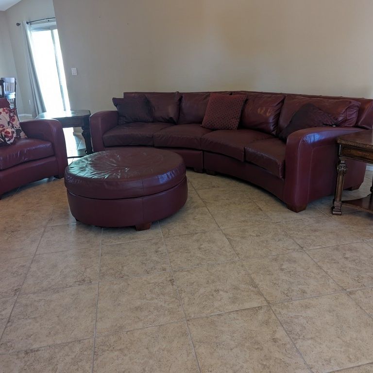 High End, Premium Leather Sofa, Chair, & Ottoman - Burgundy