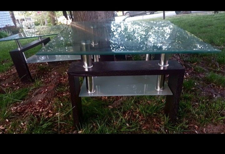 2 Glass/wood/metal Two-tier side tables, Modern+elegant