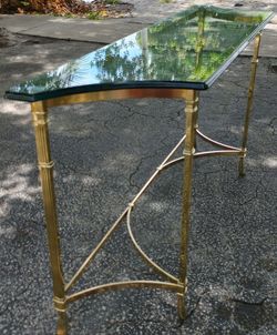 Vintage Tommaso Barbi Italian Solid Brass & Beveled Glass Console Table Side Hall Credenza Entry Foyer Designer Italy Hollywood Regency MCM Couch Sofa