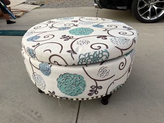 Round Floral Storage Ottoman with Nailhead Trim