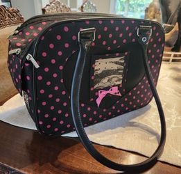 Pet Carrier purse tote bag in all Black with pink polka dot design, (2)- 12" leather-like carrying handles, top cover with zippers, top mesh cover wit