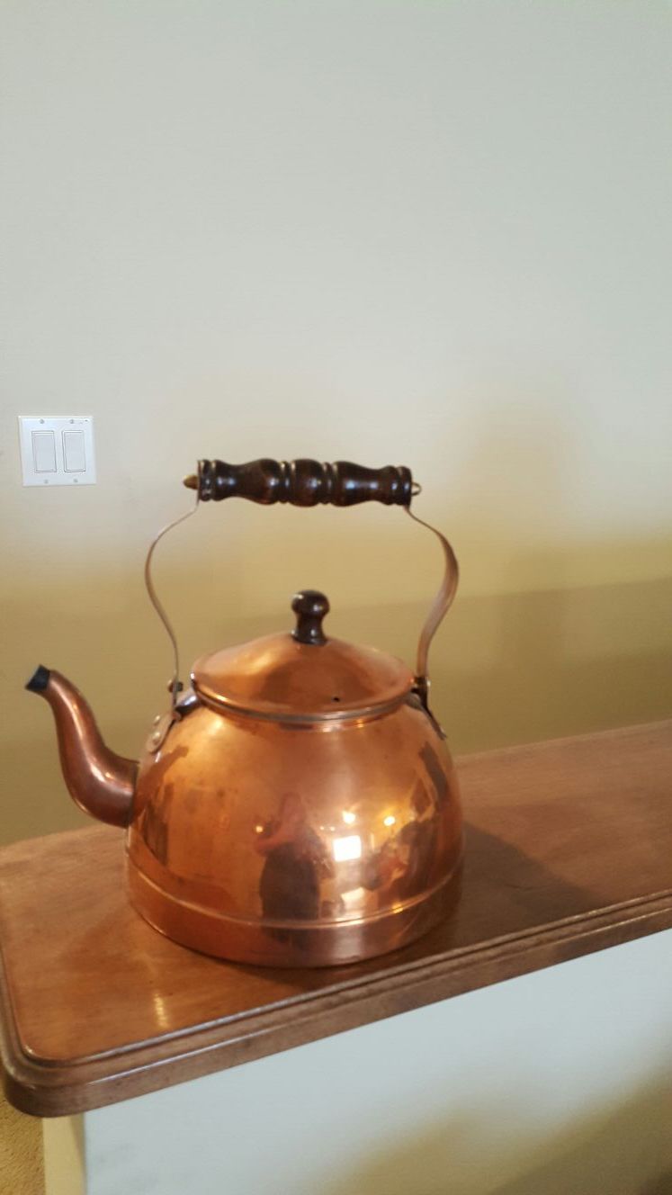 Vintage Copper Tea Pot Kettle with Wood Handle