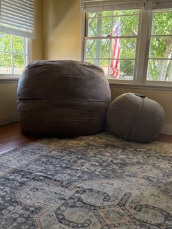 Lovesac Sac & Footstool / Ottoman Duo – Microfiber (Tan / Neutral) – extra large bean bag chair!