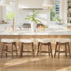 Cozyman Bar Stools Set of 4, 24" H Saddle Counter Stools for Kitchen Counter, Counter Height Upholstered Backless Barstools with Wooden Legs, Faux Lea
