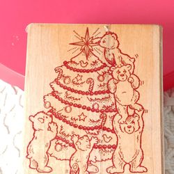 SONLIGHT IMPRESSIONS CHRISTMAS Tree Teddy Bears WOOD MOUNTED RUBBER STAMP 3"
