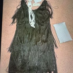New Medium Black Flapper Costume Dress Evening Cocktail 
