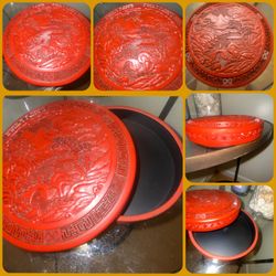 ANTIQUE/VINTAGE  CHINESE HAND CARVED  CINNABAR  LACQUER  ROUND MOUNTAIN BOX CONTAINER