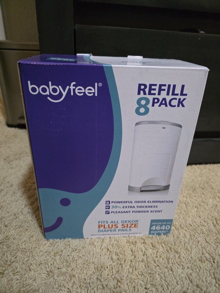 NEW!! Babyfeel Refills for DEKOR PLUS Diaper Pails, 8 Pack, Exclusive 30% Extra Thickness, Fresh Powder Scent, Holds up to 4640 Diapers