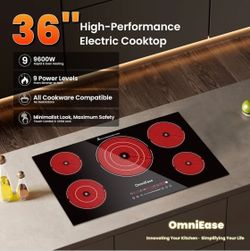 Electric Cooktop 36 Inch, 9600W 5 Burner Built-in Electric Stove Top 36" Radiant Cook Top with Kid Safety Lock, Timer, 9 Heating Level, 220-240V for H
